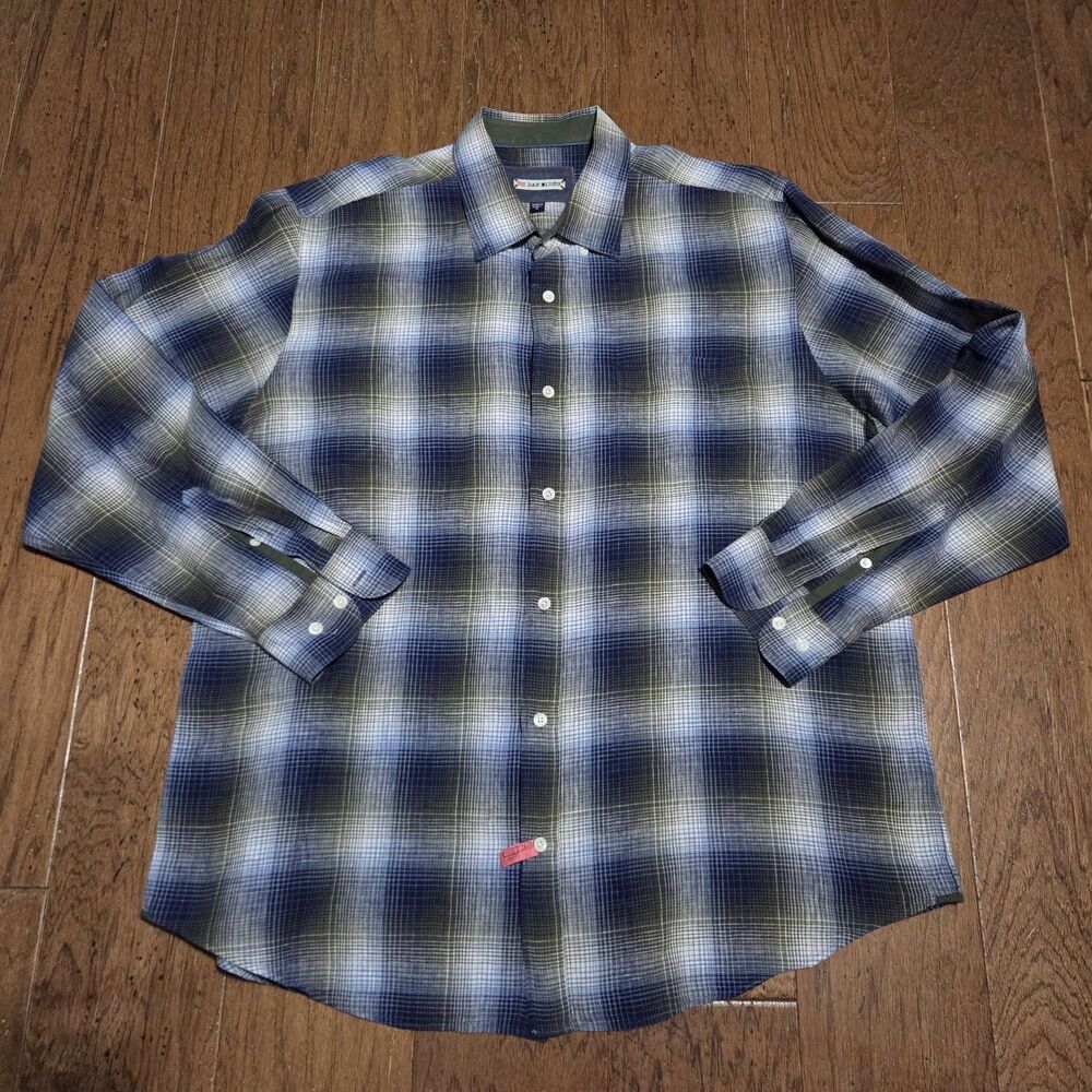 32 Bar Blues Shirt Mens XL Plaid Button Down Long Sleeve Casual Linen Blend